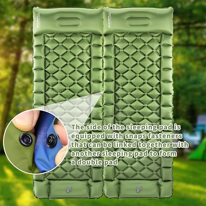 Single Sleeping Pad for Camping, Ultralight Inflatable Sleeping Mat with Pillow and Built-in Foot Pump, Portable Camping Mattress for Tent, Backpacking, Hiking, Traveling（Green）