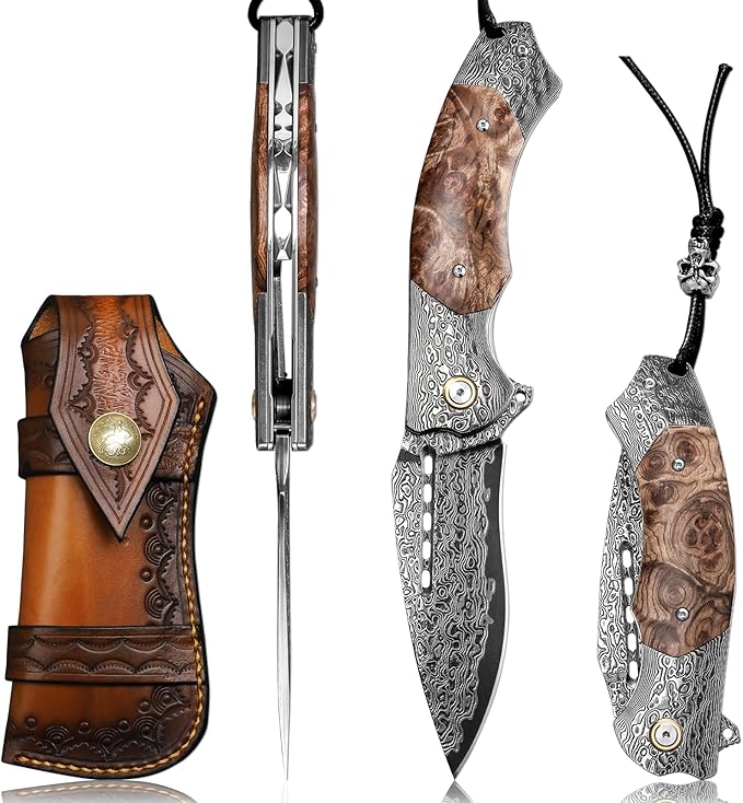 Damascus Steel Folding pocket Knife,with leather case,3.89in VG10 steel core Blade,Damascus Steel and Figured Sycamore wood handle,Suitable for Hiking carry EDC Knife