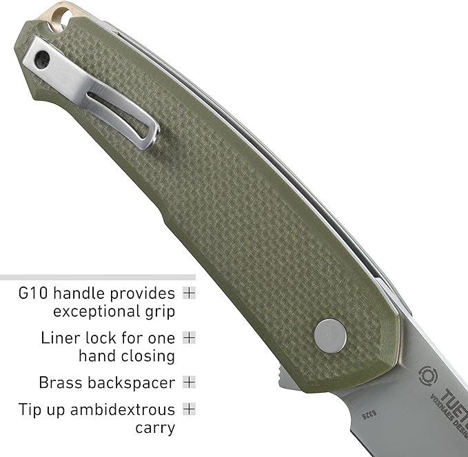 CRKT Tueto EDC Pocket Knife: Everyday Carry Utility Folder, Plain Edge Drop Point Blade with Liner Lock, Assisted Open, Bead Blast Finish, Olive Green G10 Handle 5325