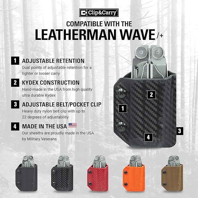 Clip & Carry Kydex Multitool Sheath for LEATHERMAN Wave & Wave + Plus - Made in USA - Multi Tool Sheath Holder Cover Belt Pocket Holster - Multi-Tool not Included