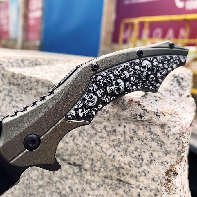 ALBATROSS Folding Pocket Knife, 3" Black Blade, 4.75" Aluminum Handle with the skull pattern, Liner Lock (Gray)