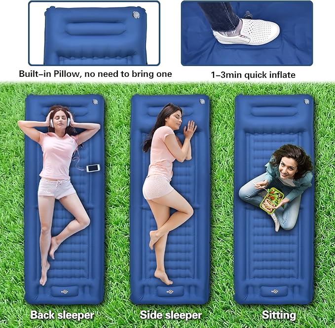 Camping Sleeping Pad, Self Inflating Air Mattress Extra Thickness 4.7 Inch Single Sleeping Pad for Camping with Pillow Built-in Foot Pump Inflatable Camping Mattress for Tent Hiking Traveling