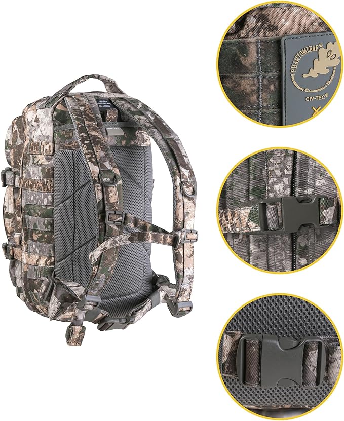 Mil-Tec Unisex Assault Pack - Rugged Durable Lightweight Ergonomic Versatile Tactical Outdoor Camping Hiking Backpack with Adjustable Padded Shoulder Straps & MOLLE Loops, Phantomleaf WASP I Z1B, 20L