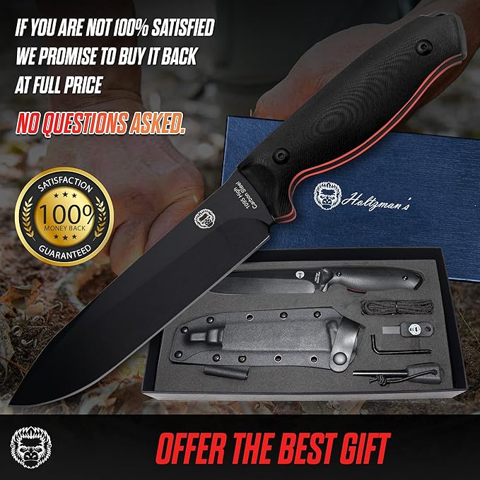 Holtzman's Gorilla Survival 'Fireline' Fixed Blade Hunting Knife with Sheath, Fire Starter Scraper & Paracord (Green)
