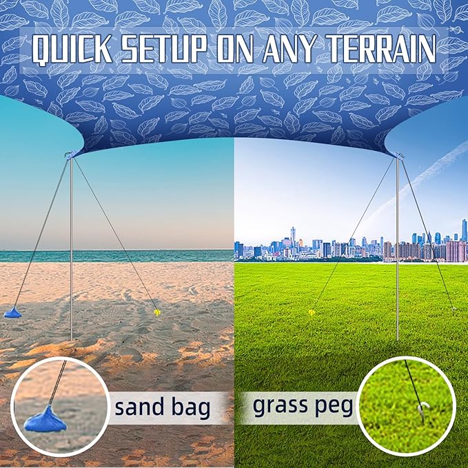 UMARDOO Family Beach Tent Canopy Sun Shade Portable, Large Compact Beach Sun Shelter Easy Setup with Packable Bag for Outdoor Travel (Printed Blue, 12X12 FT. 4Poles)