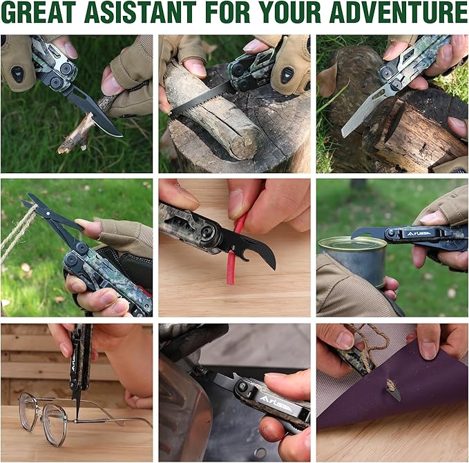 FLISSA Multitool, 18 in 1 Camo Multitool Pliers with Fire Starter, Window Breaker, Whistler, Stainless Steel EDC Gear with Sheath - Perfect for Survival, Simple Repair, Outdoor, Camping