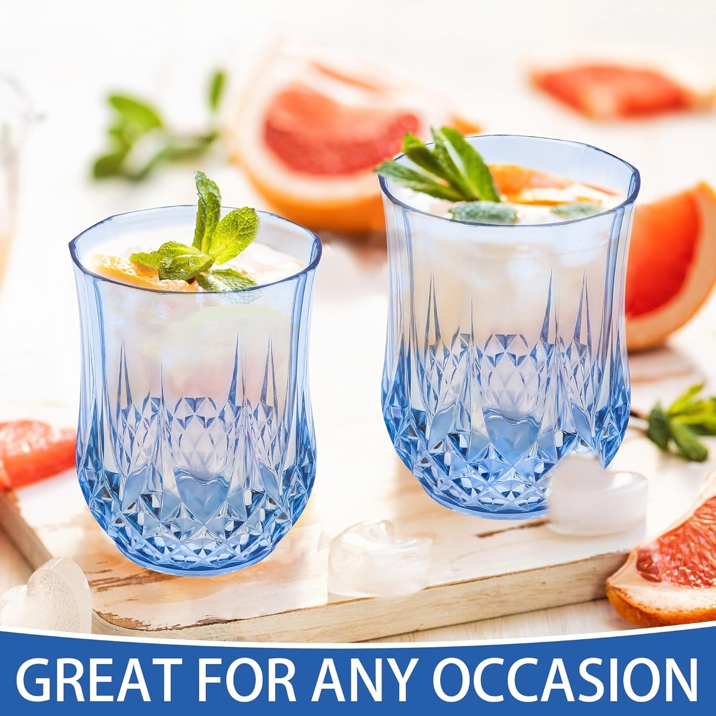 12 PCS Blue Stemless Wine Glasses，Plastic Reusable Cups 9OZ Vintage Drinking Glasses Tumblers for Whisky, Beer, Juice, Beverages, Cocktai