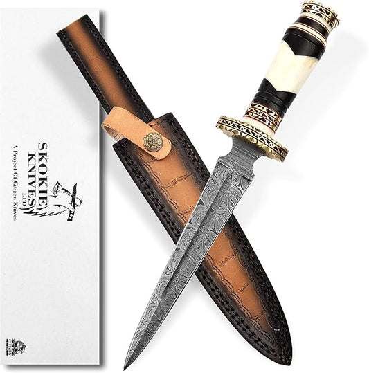 NBGRLVS Damascus Beautiful Steel Dagger Knife - Camel Bone Handle - Sharp Edge Fix Blade - Genuine Multipurpose Knife 12.5” Handmade Premium Quality - Bull Horn with Brass Spacer Ideal for Outdoor