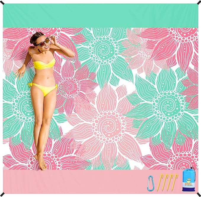 BYDOLL Beach Blanket Sandproof Waterproof 78''×81'' 1-4 Adults Compact Lightweight Oversized Beach Blanket Large Picnic Mat Beach Blanket for Travel Camping Hiking Picnic