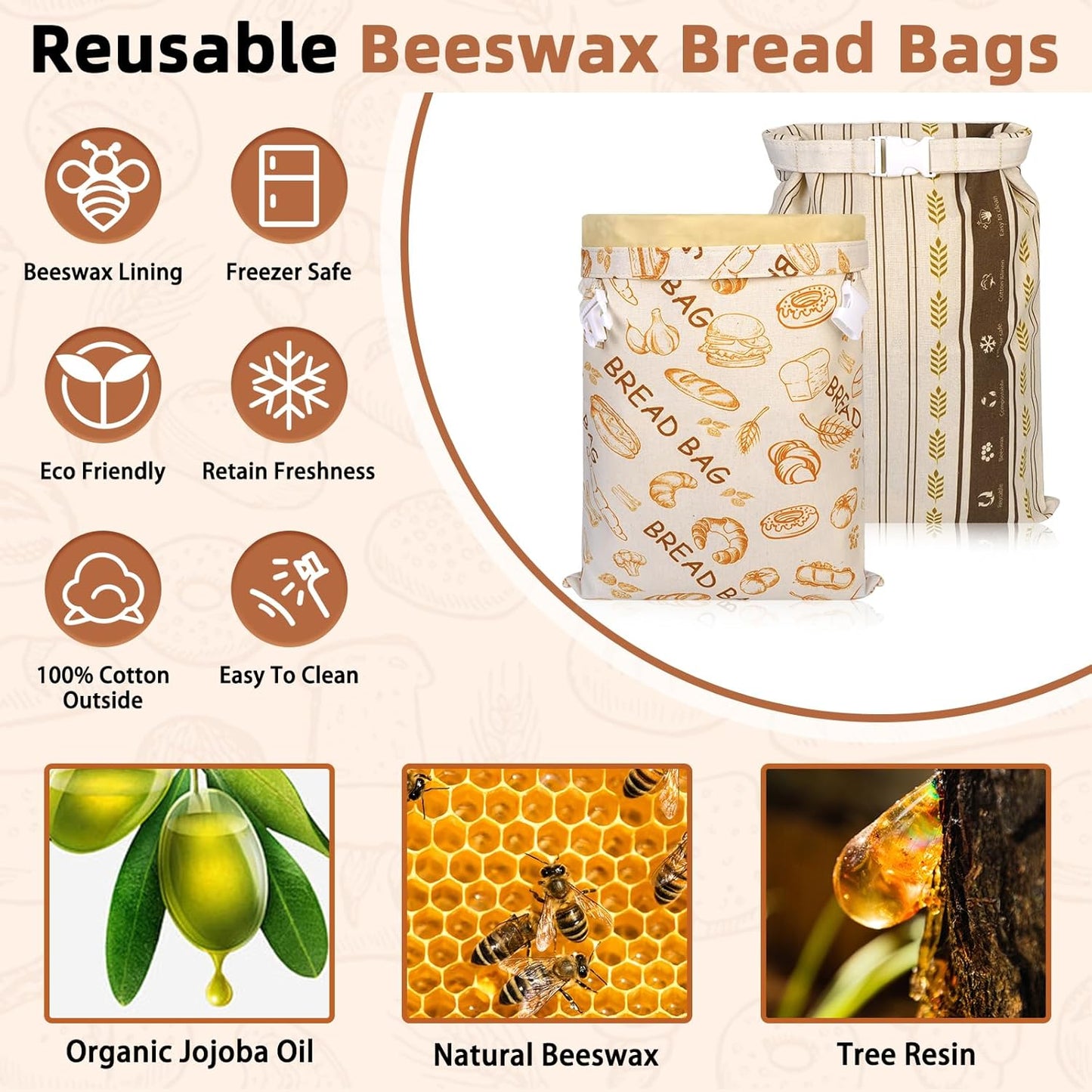 2 Pack Beeswax Bread Bags - Large Reusable Cotton Linen Food Storage Covers for Sourdough & Homemade Bread, Waxed Bags Keep Bread Fresh, Proofing Bag Freezer-Safe, Easy Clean
