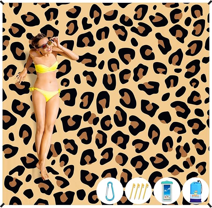 BYDOLL Beach Blanket 78''×81'' 1-4 Adults Leopard Waterproof Sandproof Oversized Lightweight Beach Blanket Large Picnic Mat Beach Blanket for Beach Travel Camping Hiking Picnic