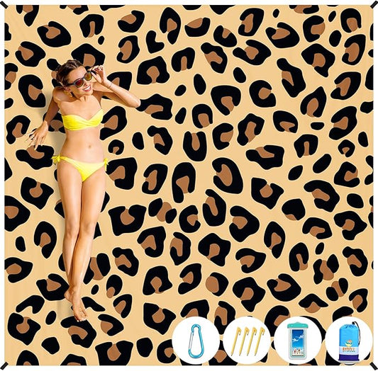 BYDOLL Beach Blanket 78''×81'' 1-4 Adults Leopard Waterproof Sandproof Oversized Lightweight Beach Blanket Large Picnic Mat Beach Blanket for Beach Travel Camping Hiking Picnic