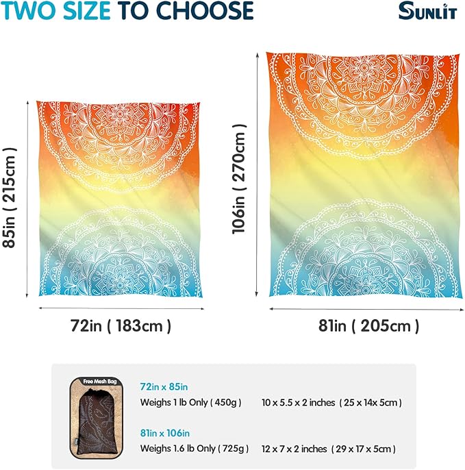Sunlit Silky Soft 106"x81" Boho Sand Proof Beach Blanket Sand Proof Mat with Corner Pockets and Mesh Bag for Beach Party, Travel, Camping and Outdoor Music Festival, Light Orange and Sky Blue Mandala