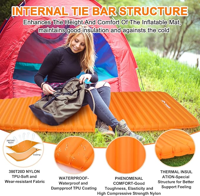 Sleeping Pad for Camping - Ultralight Inflatable Sleeping Mat for Camping Backpacking Hiking Tent Traveling - Portable Compact Lightweight Waterproof Air Mattress with Inflating Bag - Orange