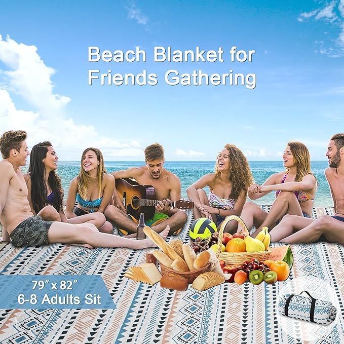 Picnic Blanket Extra Large(79" x 82"), 3-Layer Thickening Camping Blanket, Machine Washable Outdoor Blanket, Wear-Resistant, Soft and Comfortable, Sandproof Beach Mat for Beach, Park, Lawn