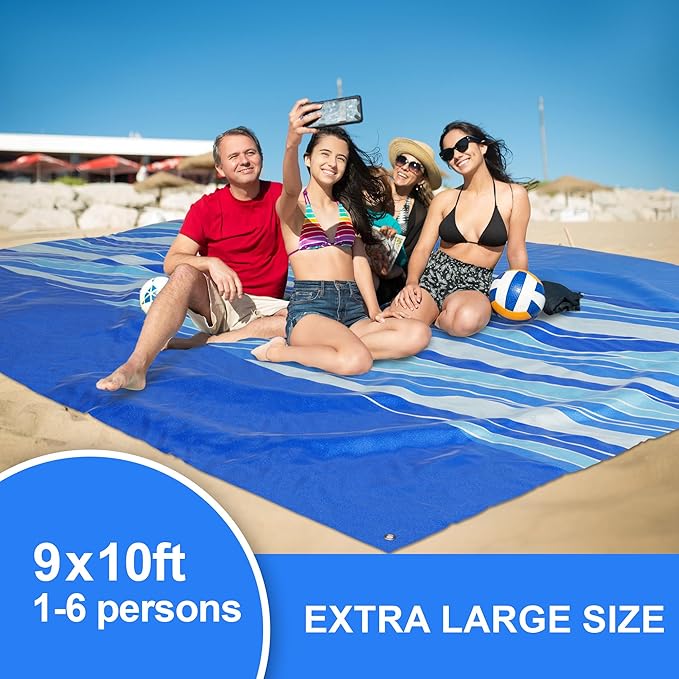 Mooreeke Beach Blanket Extra Large Oversized 9 x 10 ft, Blue Waves Sandproof Waterproof Quick Drying Lightweight Compact Outdoor Blanket Beach Mat for Family Travel Camping Picnic, 1-8 Adults