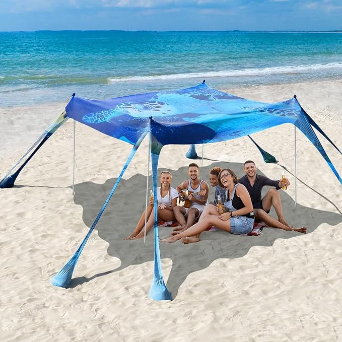 Rhino Valley Beach Tent Sun Shelter, Beach Canopy Tent Sun Shade UPF50+ Protection with 8 Sandbags 4 Stability Poles, Outdoor Beach Shade Canopy for Beach, Camping, Fishing