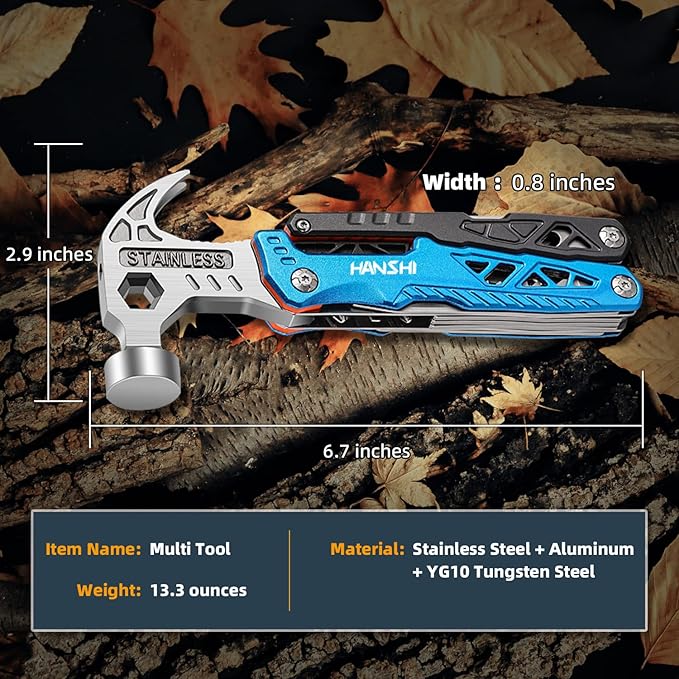 Replaceable Wire Cutter Hammer Multitool with Nylon Sheath for Outdoor,Camping,Survival,Hiking,17 In 1 Pocket Multi Tool with Spring-Action Plier,Knife,Flint Rod,Safty Whistle for Gift