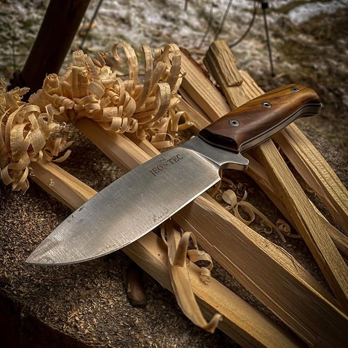 JEO-TEC Nº1 Bushcraft Full Tang Knife for Survival Camping Hunting Fishing and outdoor adventure - 4.5" Fixed Blade BÖHLER N690C Stainless Steel - Leather Sheath Firesteel - Handmade