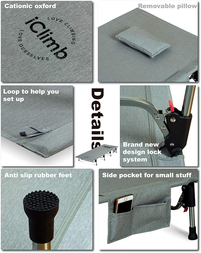 iClimb Super Easy Assemble Folding Cot Ultralight Compact Heavy Duty with Carry Bag for Adults Camping Backpacking (Grey)