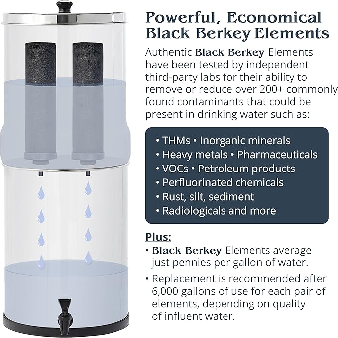 Go Berkey Water Filter Kit with 1 Qt. Berkey Gravity Fed Water Filter System, Berkey Sport Bottle and Black Berkey Primer