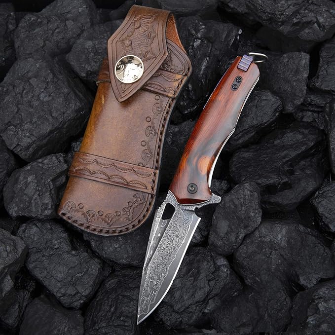 Damascus steel multifunctional EDC folding knife with self assembling pocket clip, lining lock, leather sheath, one piece disassembly pocket knife