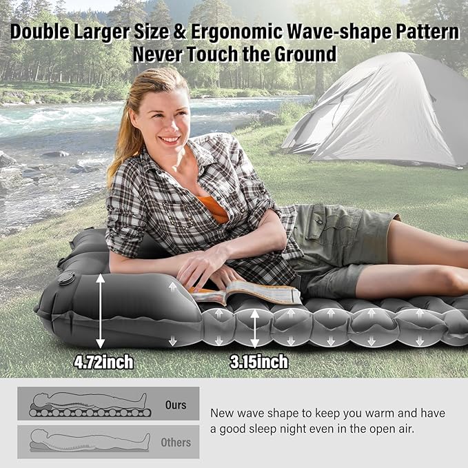 Double Sleeping Pad for Camping, Grey Inflatable Sleeping Mat with Pillow, Ultralight 2 Person Camping Pad with Built-in Foot Pump for Backpacking, Hiking, Tent, Portable Camping Mattress