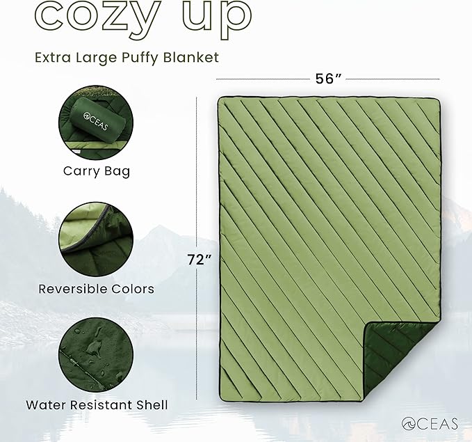 Oceas Outdoor Waterproof Stadium Blanket - Thicker Weather Proof and Windproof Blankets for Camping, Sporting Events, Picnic and Car Use - 100% Waterproof Insulated Blanket and Throws (Puffy, Green)