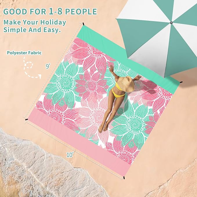 BYDOLL Beach Blanket Sandproof Waterproof 10'×9' 1-8 Kids Adults Compact Lightweight Oversized Beach Blanket Large Picnic Mat Blanket for Travel Camping Hiking Picnic