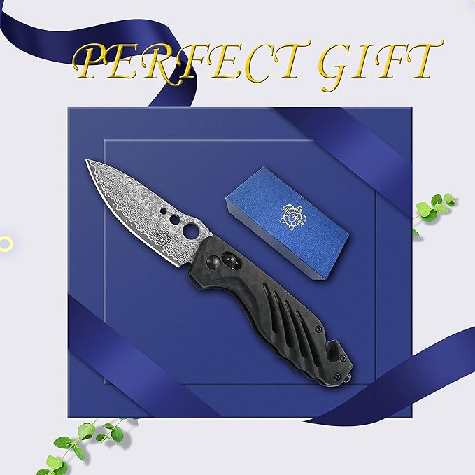 Gifts for Dad Men,Axis Lock Camping Pocket Knife with Damascus Steel Blade,Glass Breaker,Seatbelt Cutter