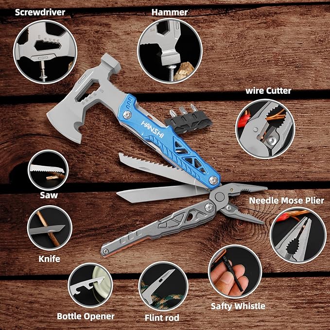Camping Axe Multitool with YG10 Tungsten Steel Replaceable Wire Cutters for Gift,17 in 1 Multi Tool with Spring-Action Pliers,Knife,Screwdriver,Flint Rob,Safty Whistle with Nylon Sheath (Blue)
