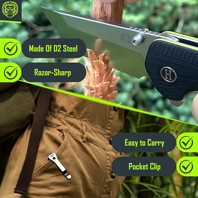 Holtzman's Gorilla Survival Folding Knife D2 Steel Blade G10 Handle Pocket Knife EDC Giftset for Men and Women (half stonewashed half silver blade + black/green liner)