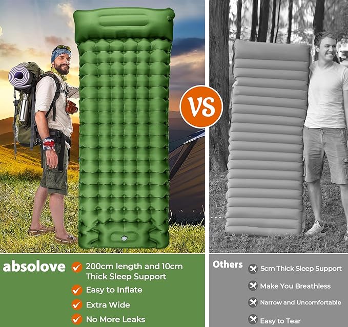 Sleeping Pad for Camping Large,79×28×4"Inflatable Camping Pad Built-in Foot Pump and Pillow,Single Camping Air Mattress,Ultralight & Portable Camping Mattress Sleeping Pad for Hiking,Tent,Army Green