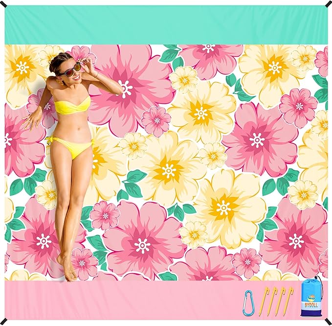 BYDOLL Beach Blanket Sandproof Waterproof 78''×81'' 1-4 Adults Compact Lightweight Oversized Beach Blanket Large Picnic Mat Beach Blanket for Travel Camping Hiking Picnic