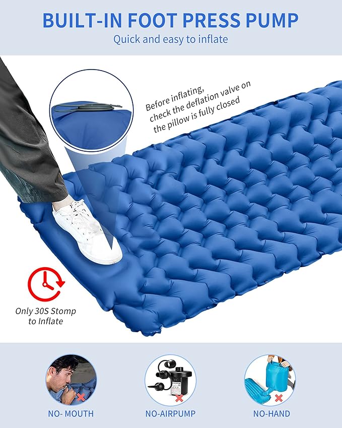 Sleeping Pad for Camping 78''X28'', Camping Sleeping Pad with Pillow Built-in Pump, Camping Air Mattress for Backpacking, Traveling ‎Navy Blue