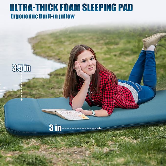 OUTSKIRT Sleeping Pad for Camping with Built-in Pump, Camping Mattress with Memory Foam, Easy to Inflate/Deflate Air Mattress for Camping and Other Outdoor Adventures, Blue