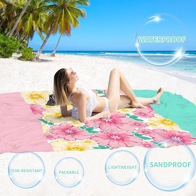 BYDOLL Beach Blanket Sandproof Waterproof 78''×81'' 1-4 Adults Compact Lightweight Oversized Beach Blanket Large Picnic Mat Beach Blanket for Travel Camping Hiking Picnic