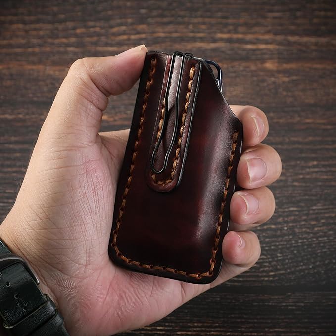 Knife Kage Front Flipper Knife,M390 Stonewashed Pikal Knife,Titanium Handle Pocket Knife Outdoor Folding Knife with Leather Sheath(Gold & Leather Sheath)