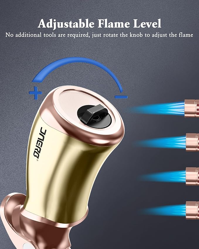 Torch Lighter, Adjustable 4 Jet Flame Refillable Butane Fuel Lighter Windproof Mini Butane Torch Lighter for Grill BBQ Gas Fireplace Fire Camping (Butane Gas Not Included) (Golden)