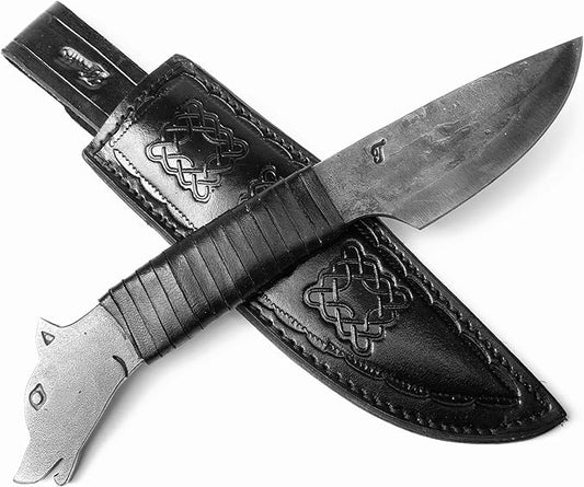 Toferner Hand Forged Knife Wolf with Sheath, Vintage Knife for Antique Collection, Genuine Leather Case, Hardened Blade, Hand Made Craft, Gift Idea for Men (Black)