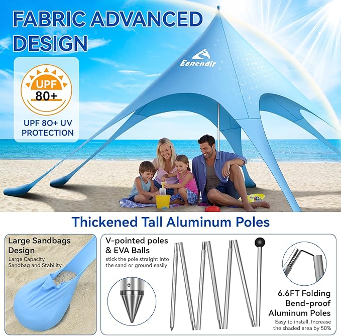 Beach Tent Sun Shelter & Portable Beach Canopy UPF 80+ UV Protection, Beach Shade Canopy with 6 Sandbags, Sand Shovel Ground Pegs for Outdoor Camping, Picnics (12x12ft, Sky Blue)