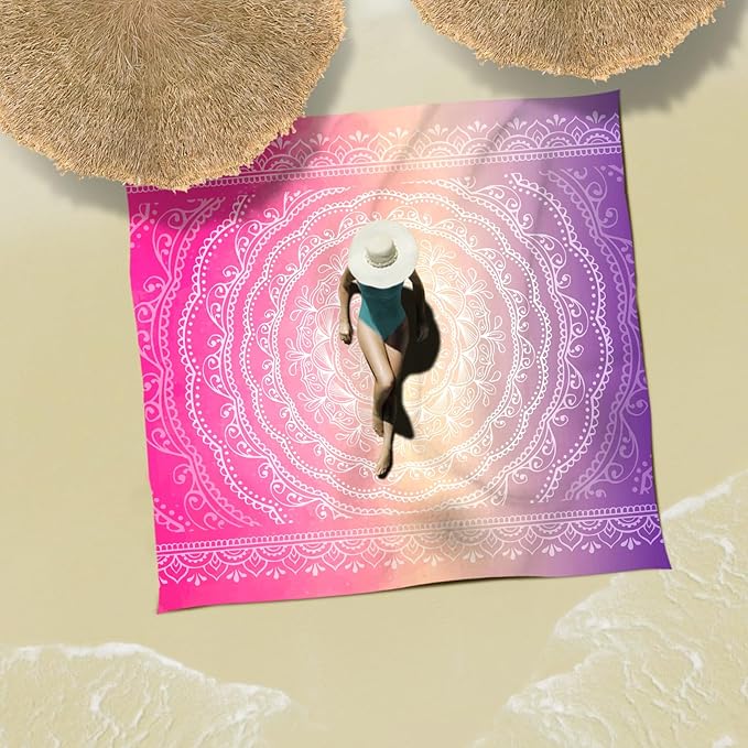 Sunlit 10'x9' Extra Large Boho Sand Proof Beach Blanket, Sand Proof Mat with Corner Pockets and Mesh Bag for Beach Party, Travel, Camping and Outdoor Music Festival, Purple and Red Mandala