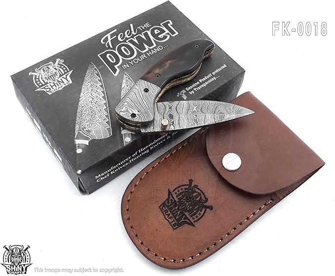 SHINY CRAFTS -Pocket Knife Damascus Hunting Knife OTF Knife Tactical Knife For Men- Pocket Knives - Everyday Carry - PlainEdge - Leather Sheath (FK 18)