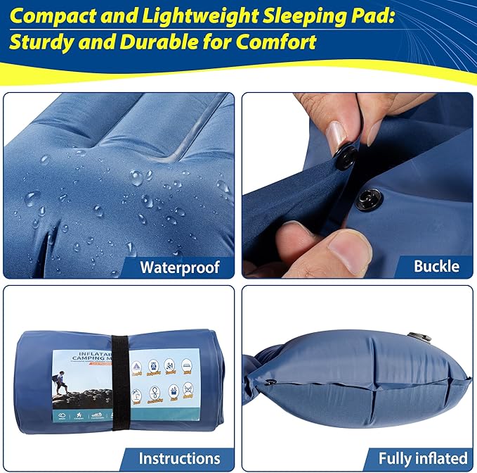 Camping Mattress, Camping Sleeping Pad for Camping, Ultralight Camping Mat with Pillow Built-in Foot Pump Inflatable Sleeping Pads Compact for Camping, Backpacking, Hiking, Traveling, Tent(Blue)