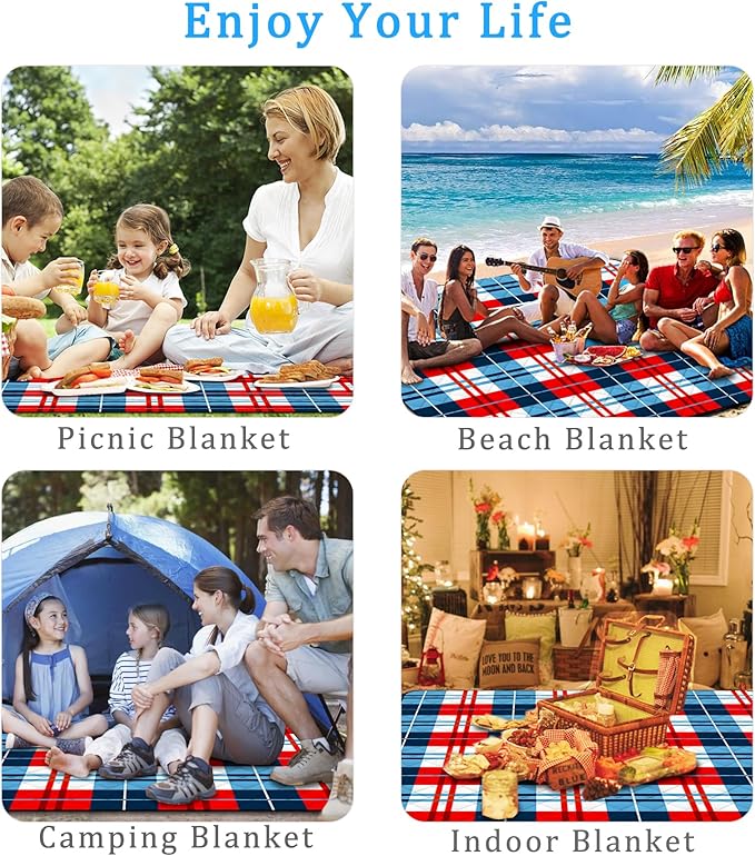 Portable Waterproof Picnic Blanket,Picnic Blankets Extra Large Outdoor 80"x80", Machine Washable, Extra Large Picnic Mat for Grass Concert, Park, Lawn,Travel,Blue Red White Gingham