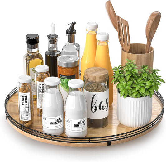 16" Lazy Susan Oak Wood Turntable Organizer for Cabinet, Farmhouse Round Wooden Large Lazy Susan Organization and Storage for Dining Table, Pantry, Kitchen, Bathroom, Countertop, Cupboard, Home Decor