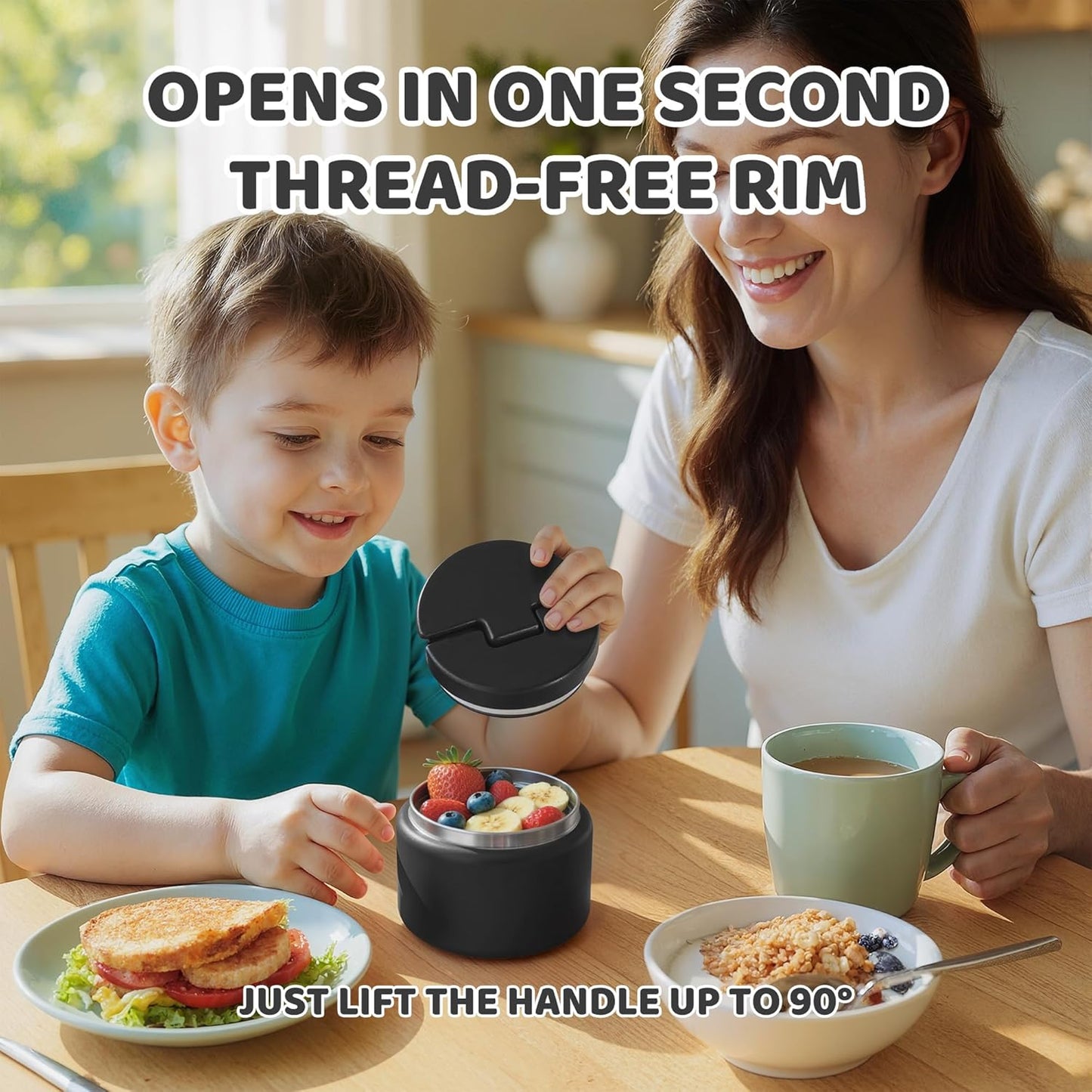 14.5oz Soup Thermo for Hot Food Kids Vacuum Insulated Food Jar Twist-Free Soup Thermo for Hot Food Kids Leakproof Stainless Steel Wide Mouth Lunch Container (Black)