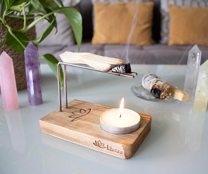 Handcrafted Palo Santo & Sage Holder - Keeps Palo Santo Burning Longer - Natural Wood Burner Holder - Includes Palo Santo Stick, Large Tea Candle & Daily Affirmations - Ideal Spiritual Meditation Gift