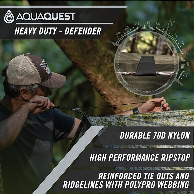 AquaQuest Defender Camping Tarp - Heavy Duty Tent Shelter or Rain Fly - Waterproof Camping Essentials for Hiking, Bushcraft & Hammock, 10 x 10 ft, Forester Green