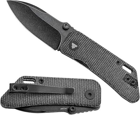 Pocket Knife for EDC,2.32in Black Stonewashed 14C28N Stainless Steel Blade,Black Micarta Handle,Thumb Studs Folding Knives with Reversible Deep Carry Clip for Men,Bootes-04B